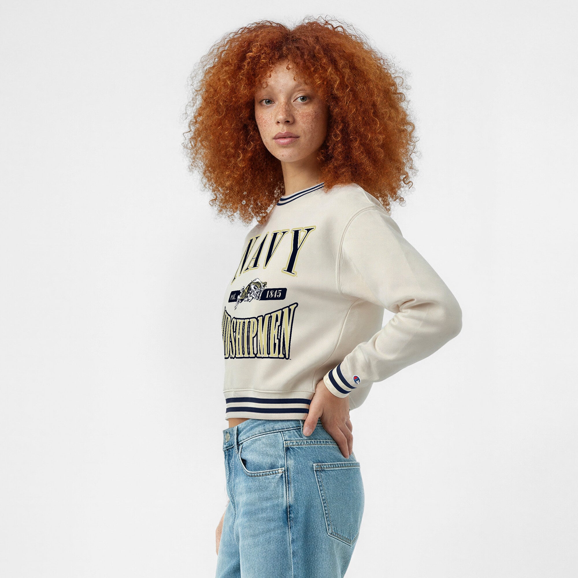 Women's Champion White Navy Midshipmen Yarn Dye Rib Reverse Weave Crew Sweatshirt